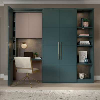 hidden office space in blue statement cabinet of living room